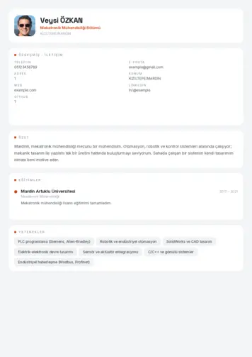 Mekatronik Mühendisliği Cv Örnekleri cv indir